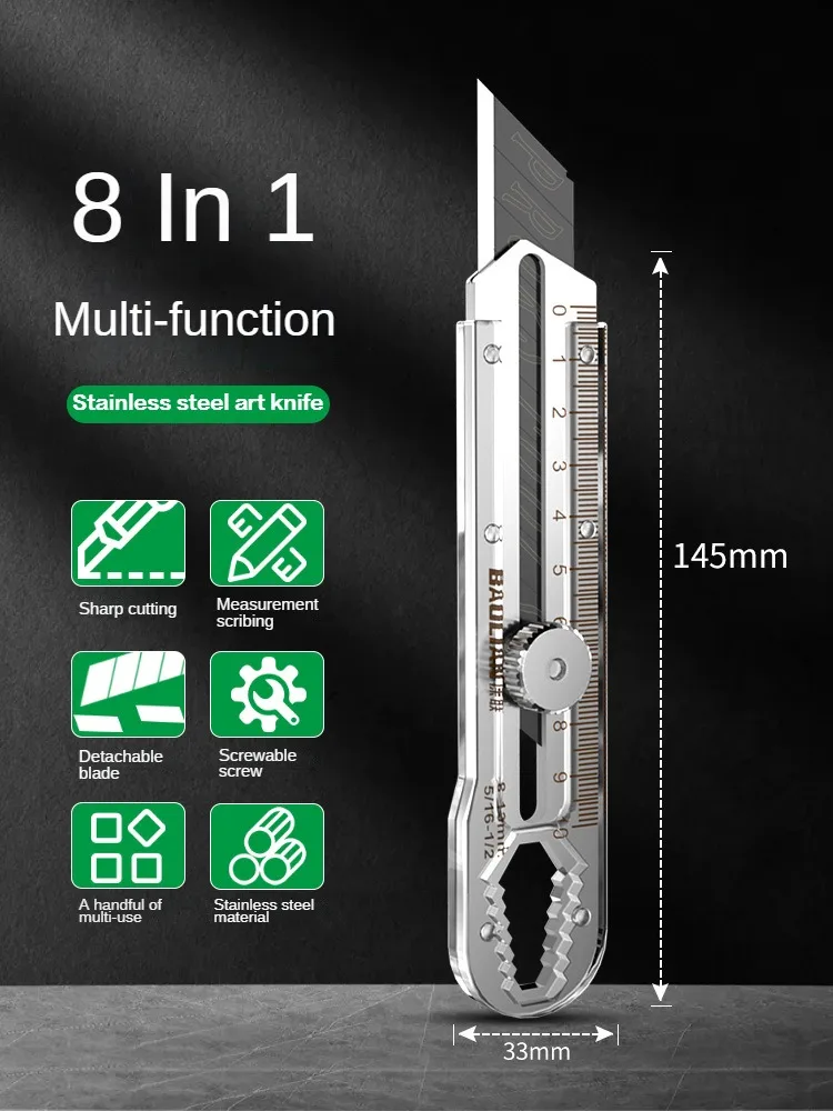 Heavy Equipment Blade - 8-in-1多機能ユーティリティナイフボックスカッター、ステンレス製、格納式、頑丈、防水、スナップオフブレード付き